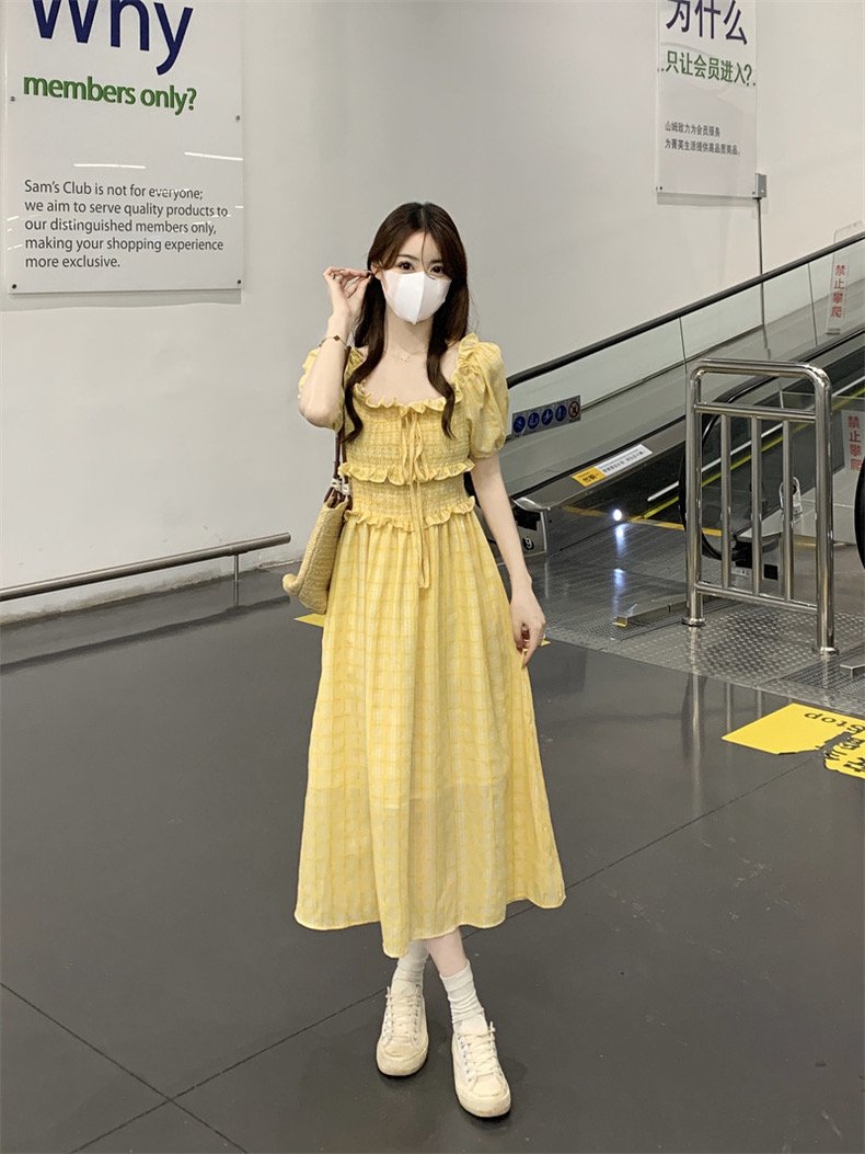 Square neck clearance yellow dress